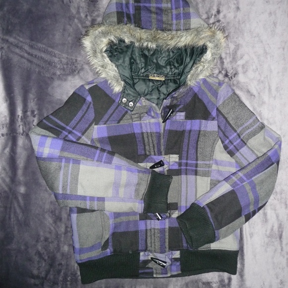 Empyre Jackets & Blazers - Empyre Hooded Plaid Toggle Coat with Fur Trim